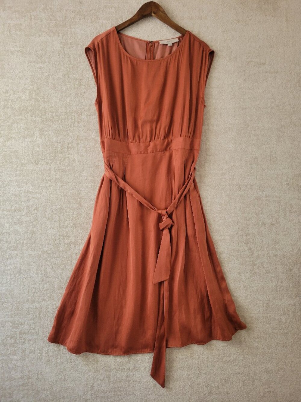 LOFT Lali Chutney Tie Waist Midi Dress 10 Womens Orange Pockets Quiet Luxury
